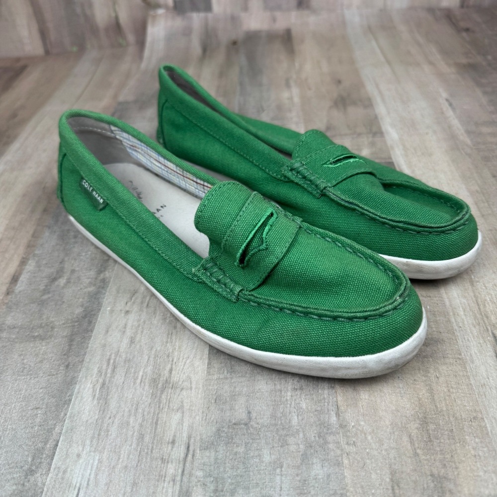 Cole Haan Green Canvas Penny Loafers